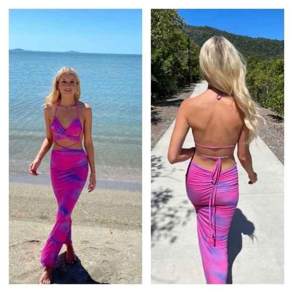 I.AM.GIA Pink Purple Cloud Print Karlie Cutout Halter Bodycon Maxi Dress S Sexy - Picture 11 of 16